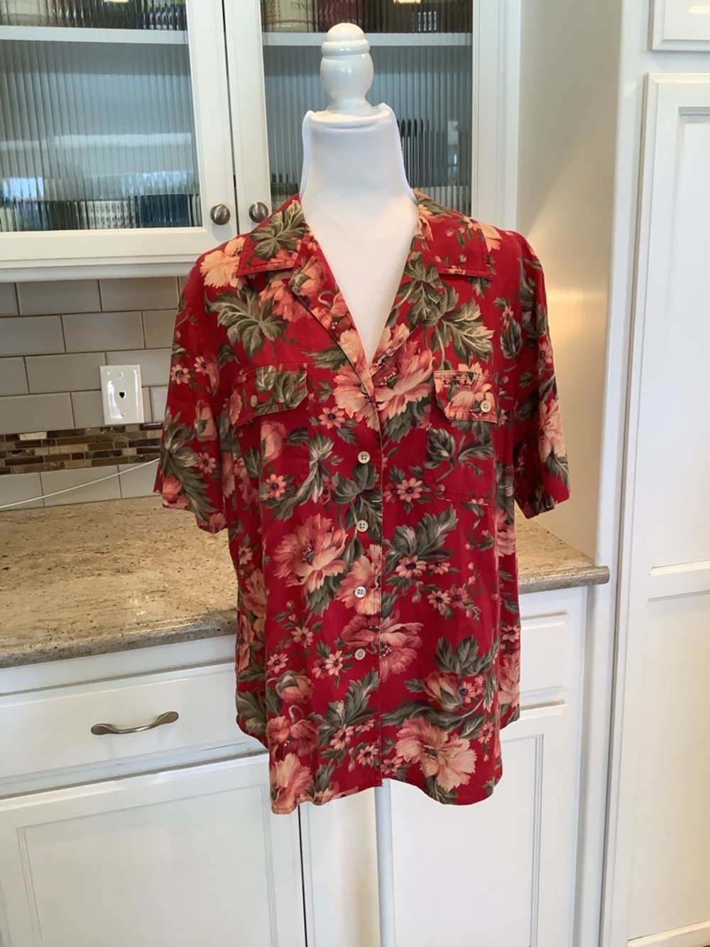 Ralph Lauren Vintage Linen Red Floral Short-Sleeve Button Down Shirt Size 1X